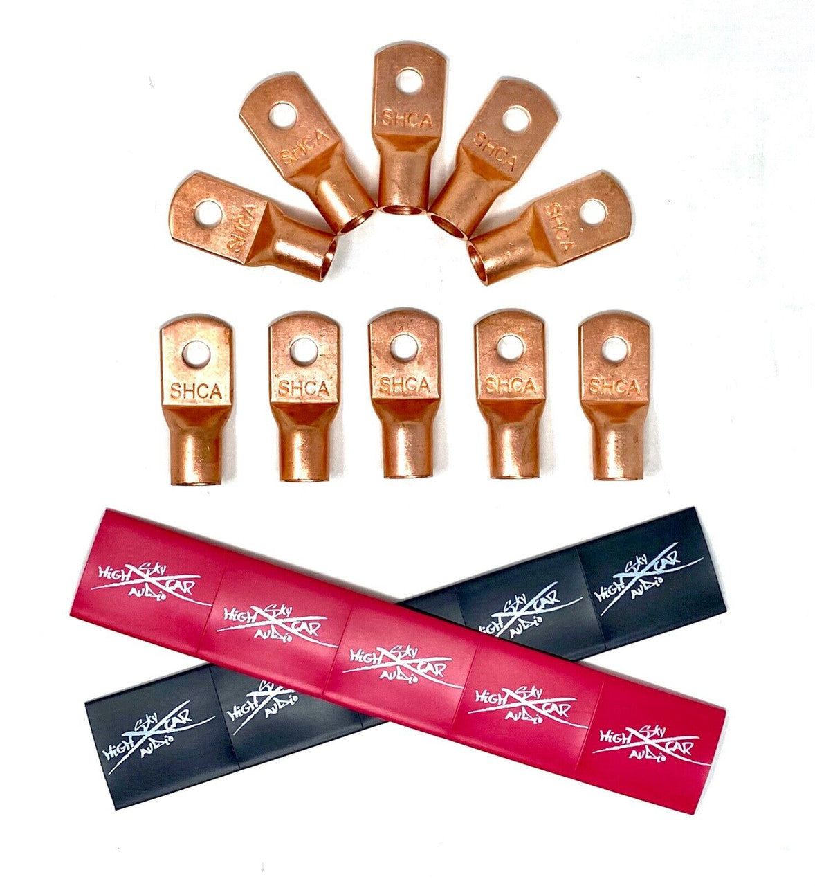 Sky High Car Audio 2/0 Gauge Copper or Tinned Copper Ring Terminals w/ Heat Shrink Tubing - 10 Pack